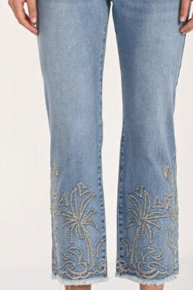 Frank Lyman Light Wash Cropped Straight Jeans with Embroidered Hem -261621