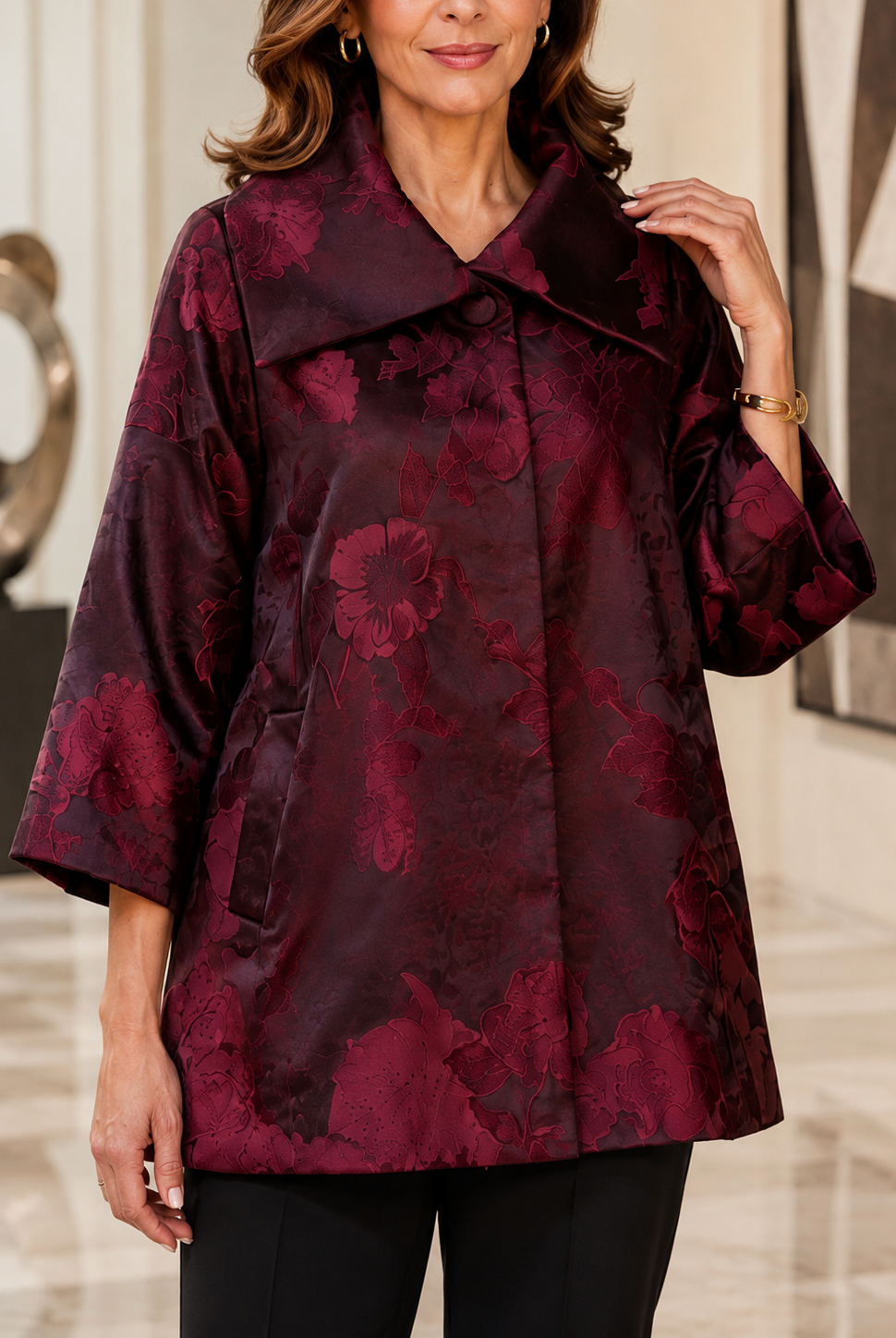 Ic Collection Floral Jacquard Big Collar One Button Jacket-C1143J