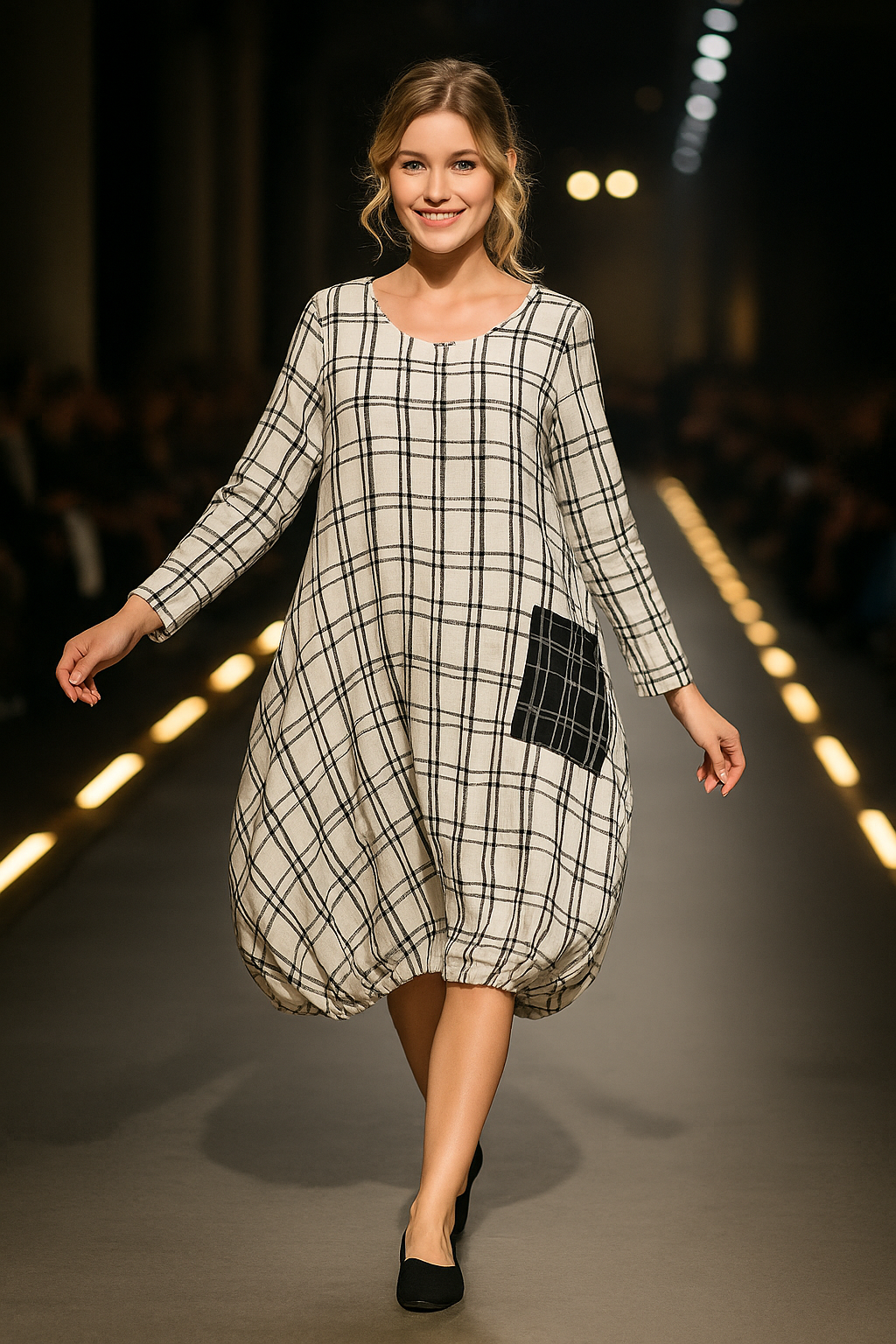 Moonlight Black and White Plaid Balloon Dress with Contrast Pocket-3973