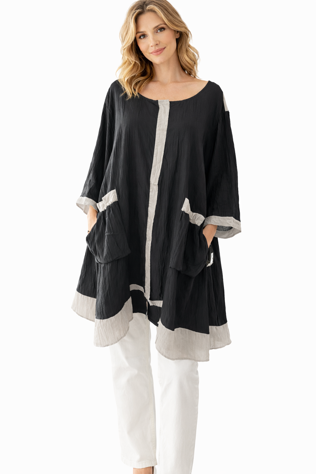 Tara vao Contrast Trim Button-Front Tunic with Pockets | Women's Designer Top