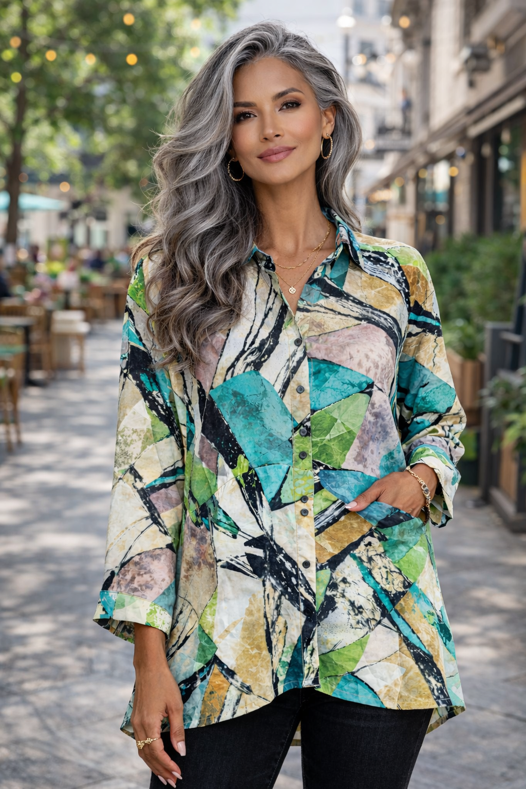 By JJ Abstract Mosaic Button Shirt-IP-128