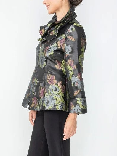 IC Collection Dark Floral Zip Front Jacket-IC-6637J