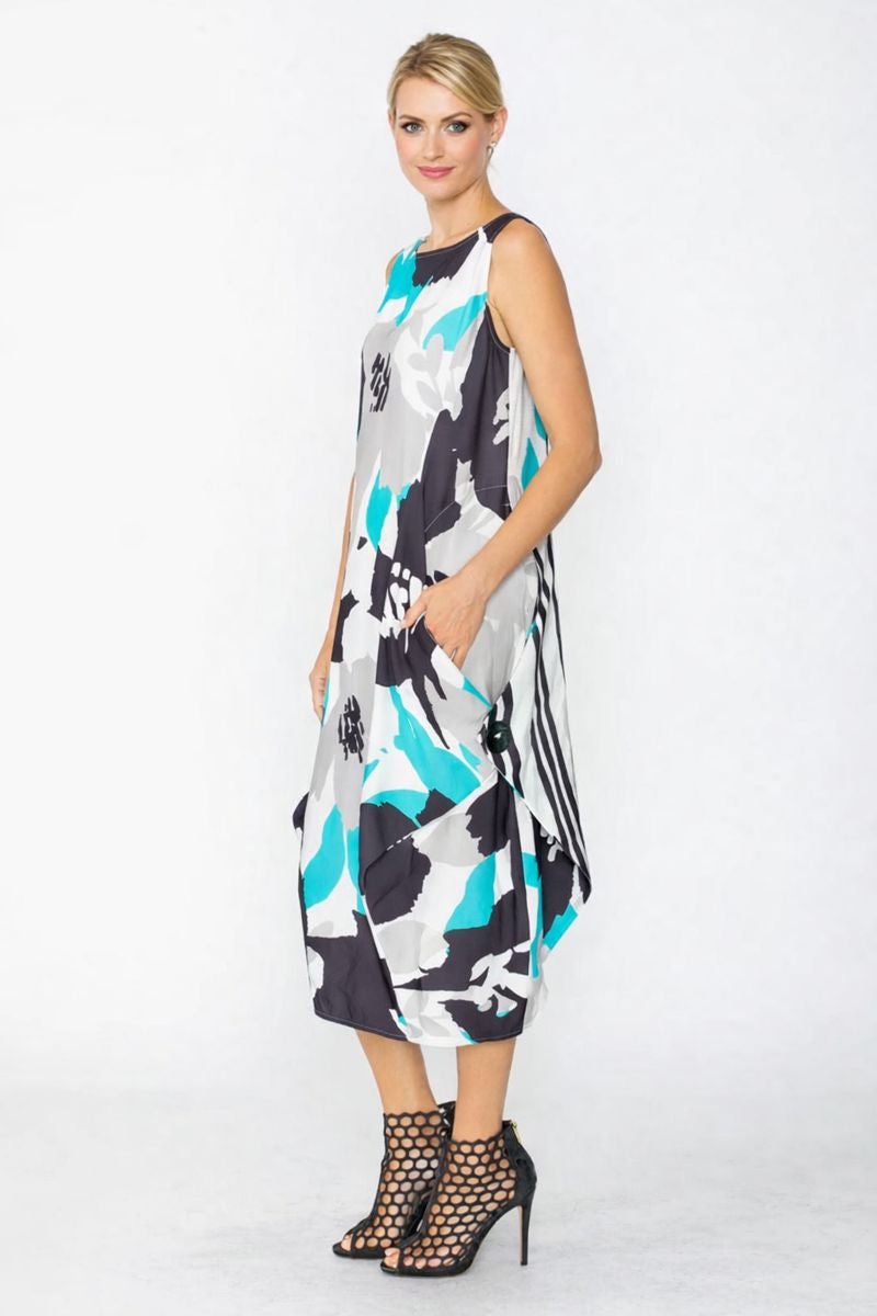 IC Collection Printed Dress With Stripe-7856D