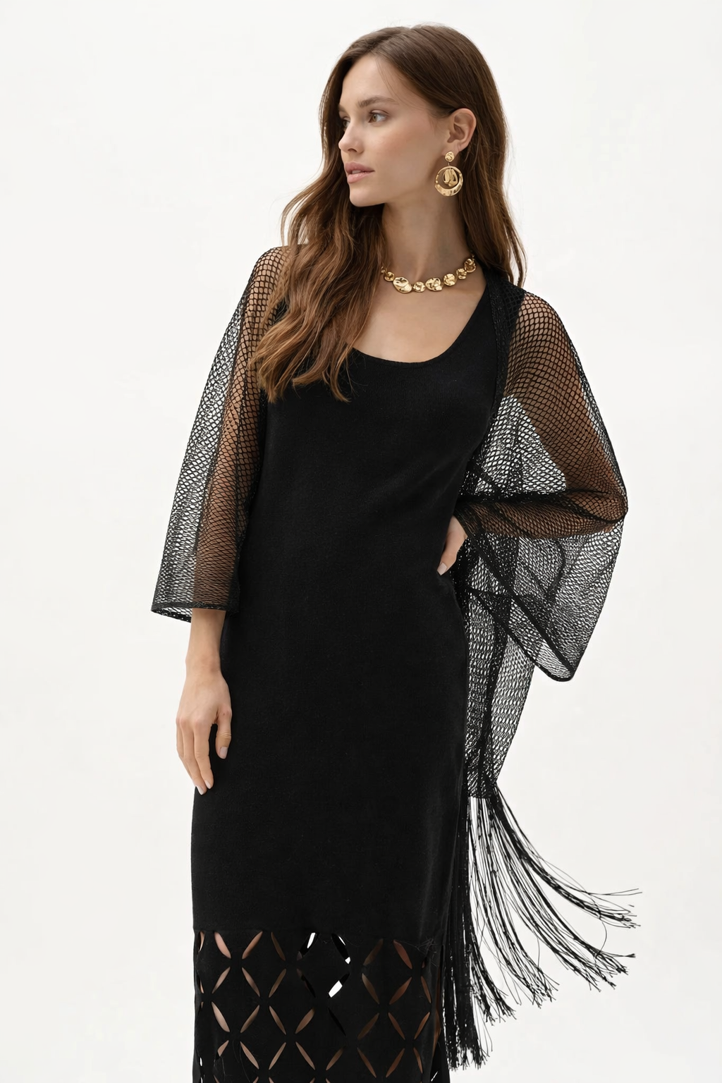 Joseph Ribkoff Woven Open Stitch Draped Cover-Up With Fringe-262973-B