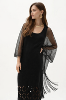 Joseph Ribkoff Woven Open Stitch Draped Cover-Up With Fringe-262973-B