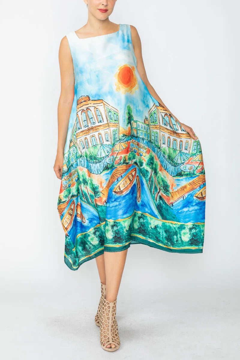 IC Collection Riviera Square Neck Print Dress-7671D