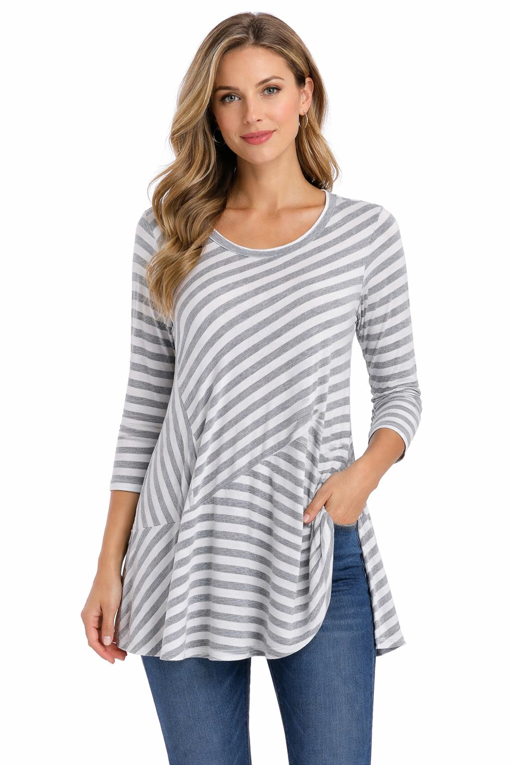 Comfy USA Grey & White Striped Scoop Neck Tunic Top