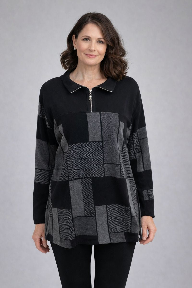 By JJ Ponte Zip Henley Patchwork Top- SS-118