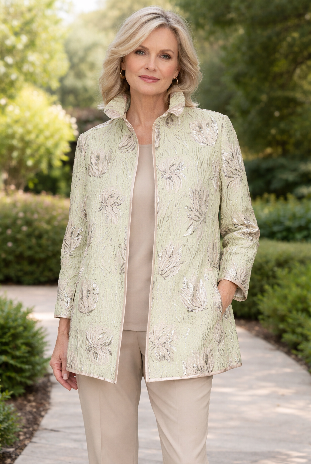 IC Collection Floral Embossed Open Jacket | Unique Apparel USA