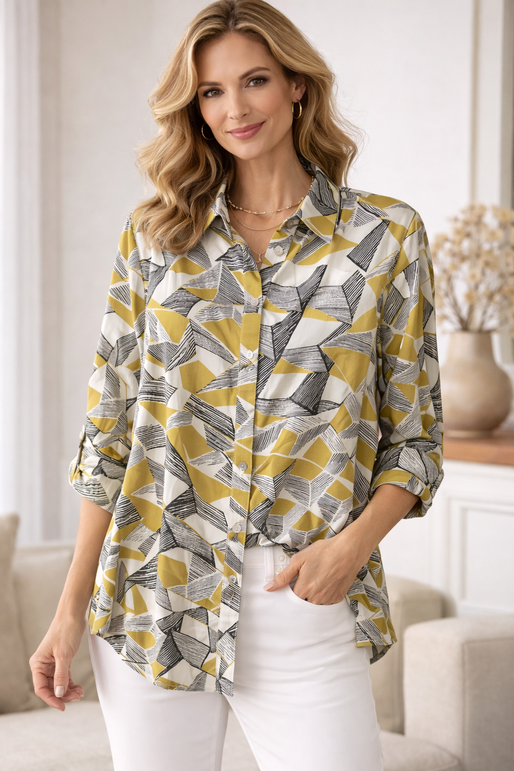 Comfy USA Abstract Button Down Jacket - Yellow CD129P