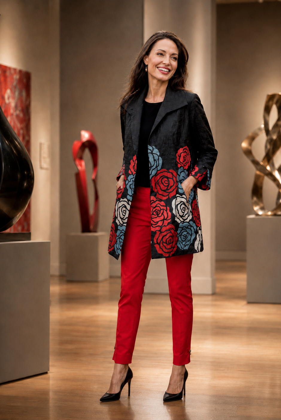Ic Collection Rose Print Spread Collar Open-C1194J