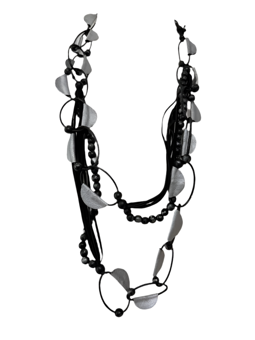 Multi-Strand Black & Silver Abstract Bead Necklace-W124