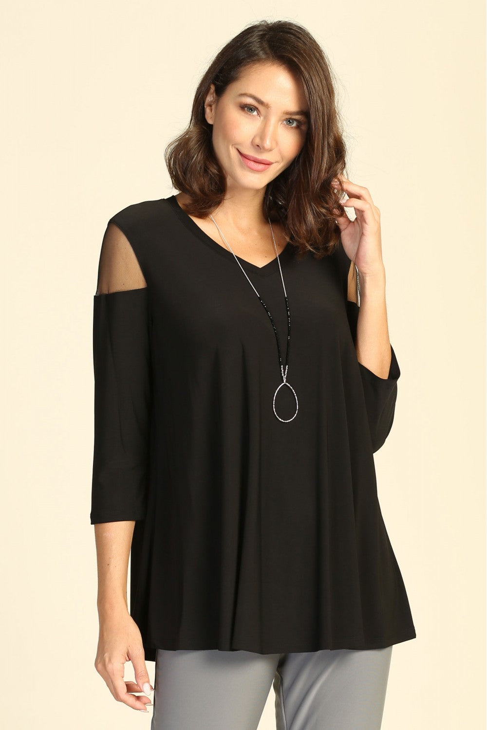 By JJ V-Neck Mesh Cutout Shoulder Top-IT-106