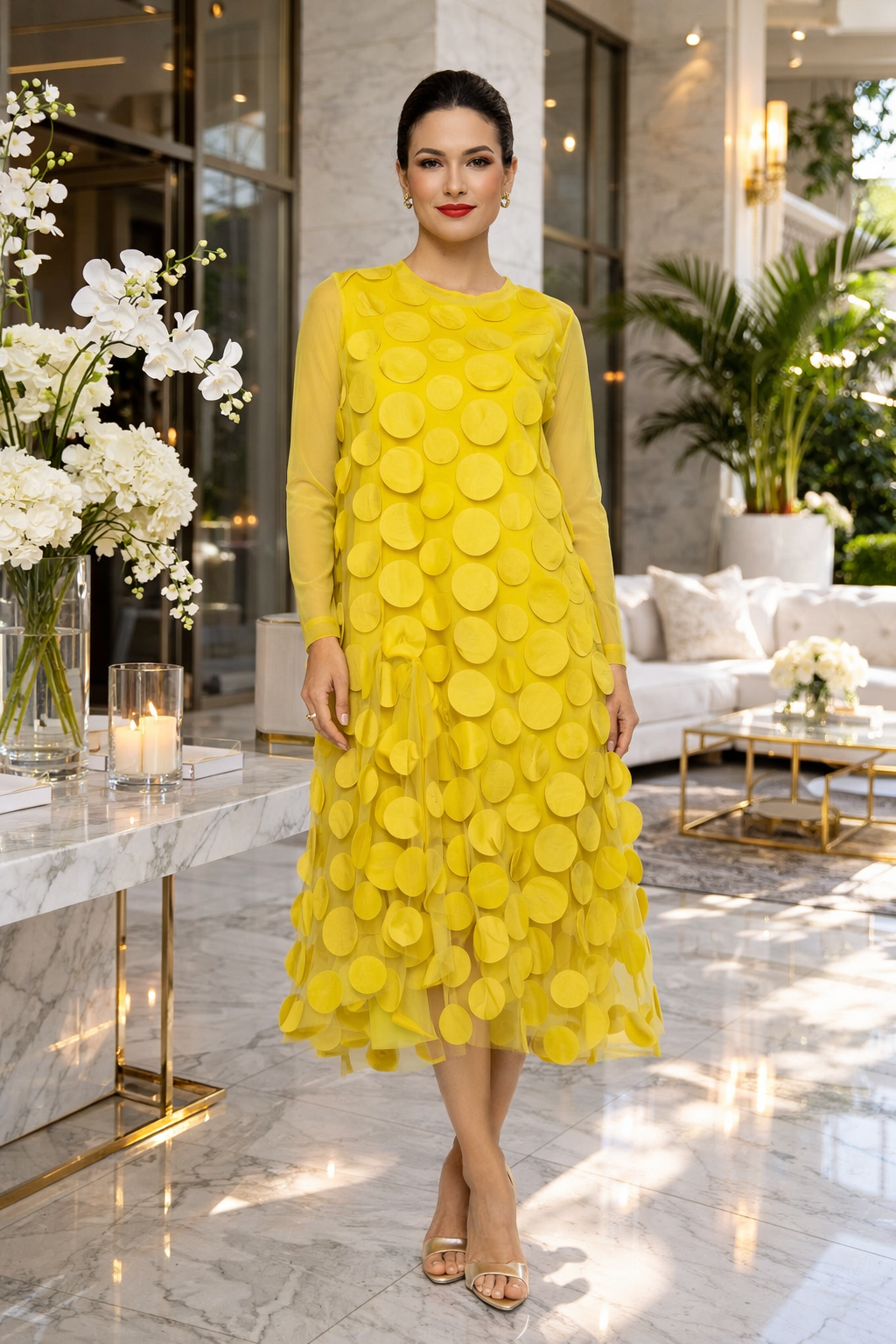 IC Collection Mesh Sleeve Petal Dress 6472D