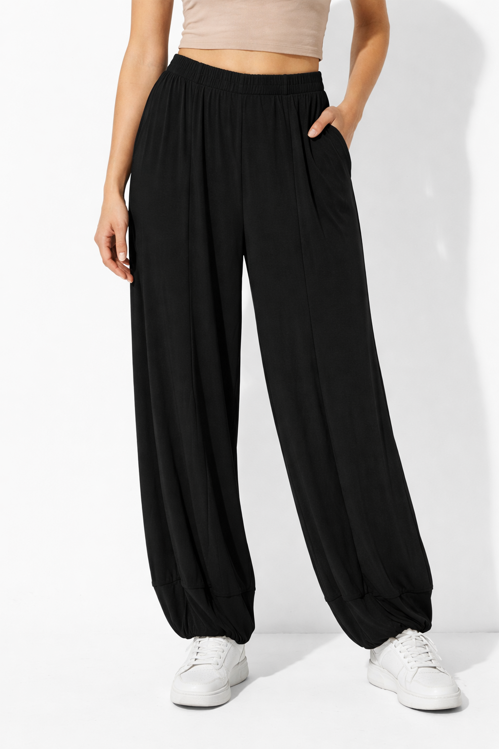 IC Collection Black Wide-Leg Lounge Pants with Gathered Hem-2512P
