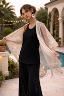 Joseph Ribkoff Woven Open Stitch Draped Cover-Up With Fringe-262973