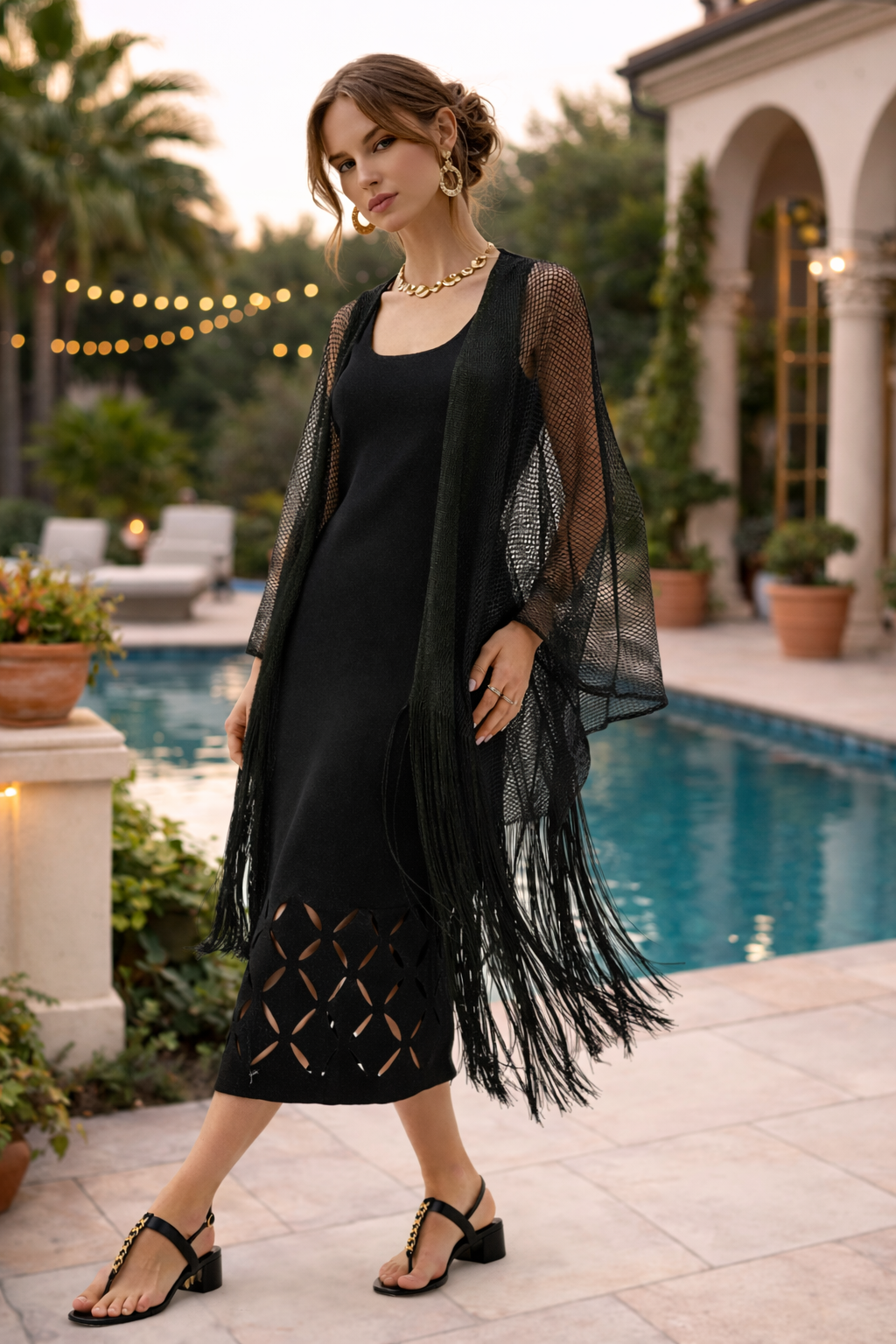 Joseph Ribkoff Woven Open Stitch Draped Cover-Up With Fringe-262973-B