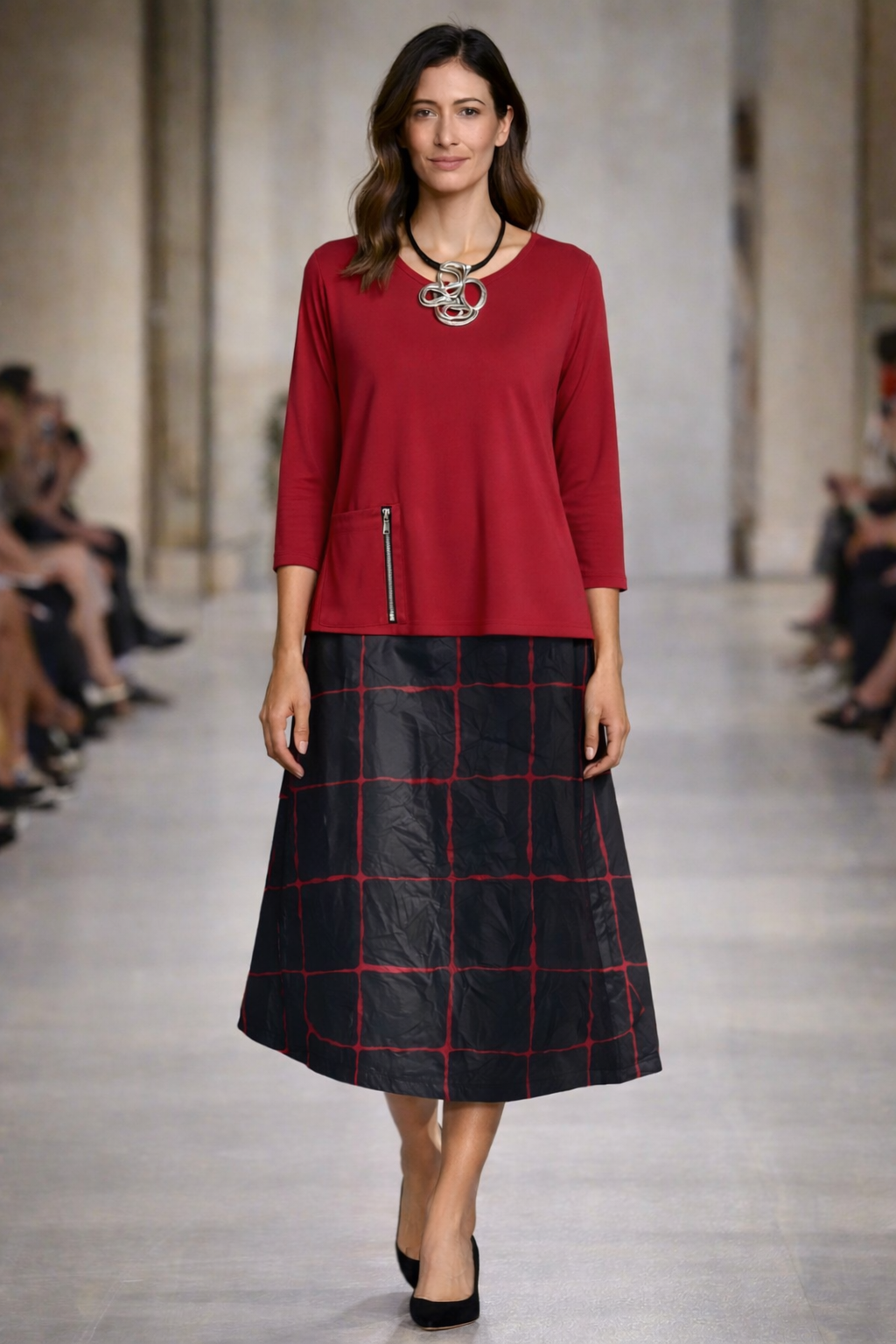 Moonlight Black Grid Print A-Line Midi Skirt -3138