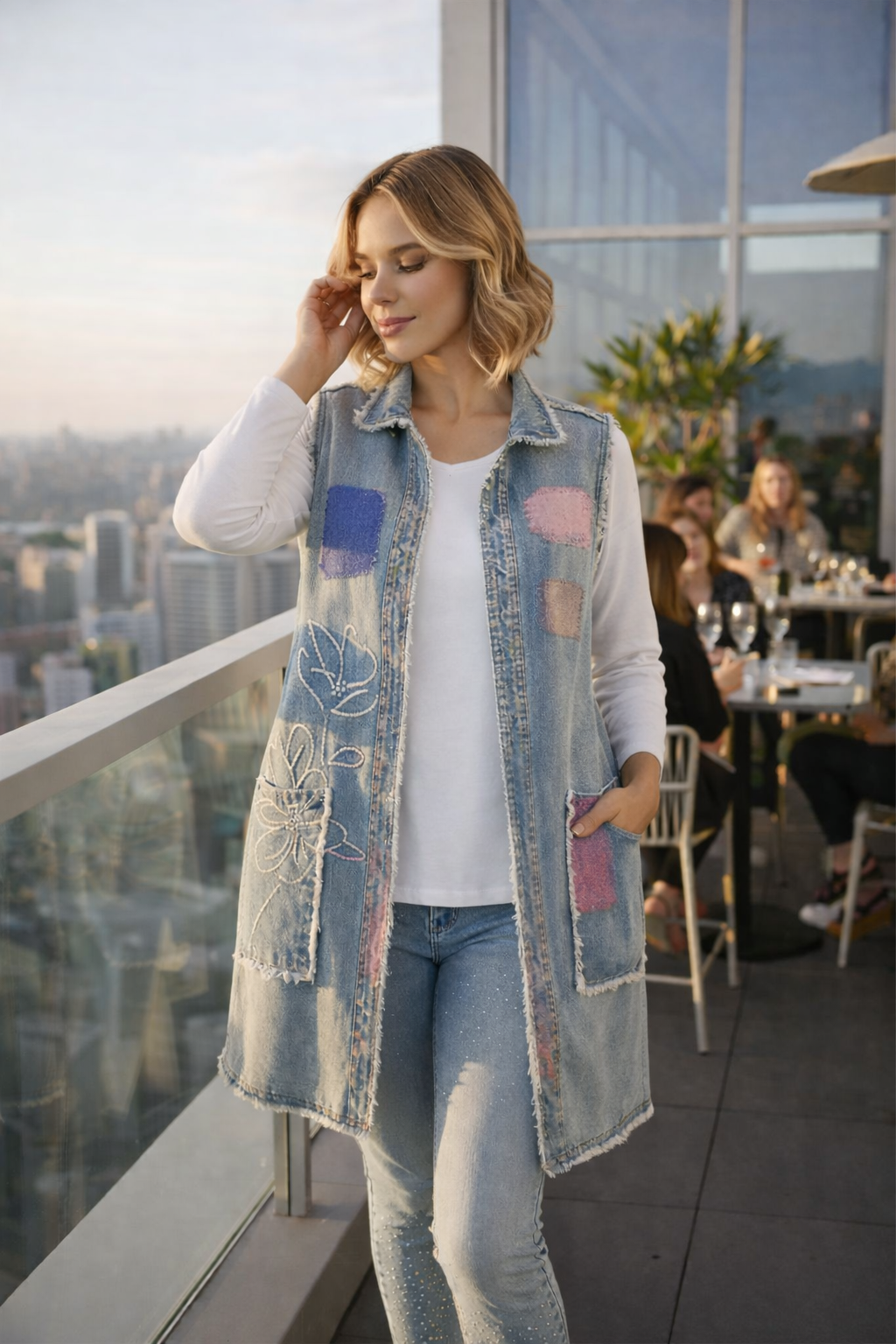 Frank Lyman Patch Denim Sleeveless Long Vest- 266599