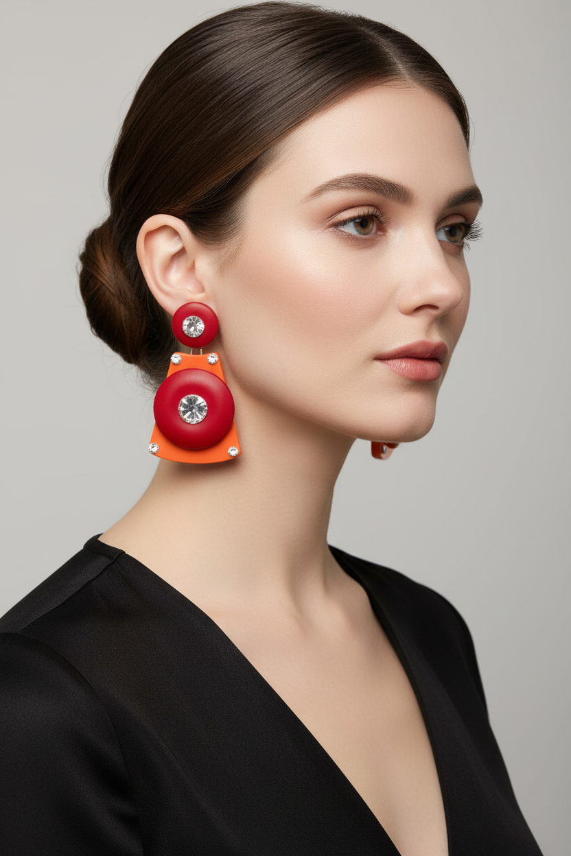 Jeff Lieb Retro Orange Red Crystal Statement Earrings-9091