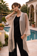 Joseph Ribkoff Woven Open Stitch Draped Cover-Up With Fringe-262973