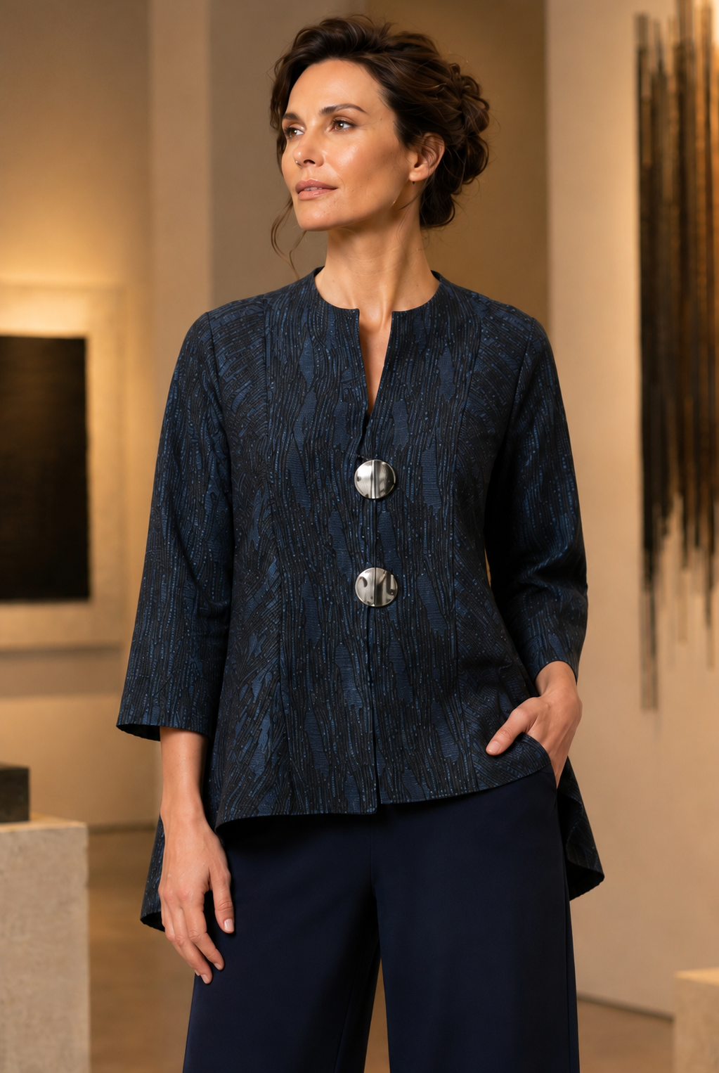 Joseph Ribkoff Signature | Foil-Textured Jacquard Trapeze Jacket-263725