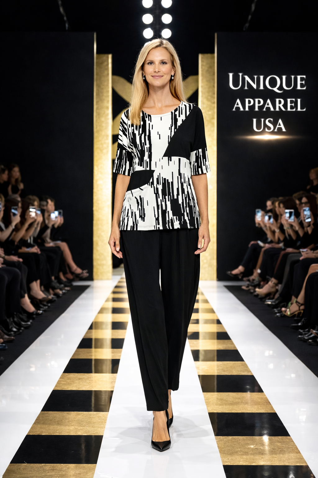 IC Collection Black & White Abstract Print Short Sleeve Top-C1076T