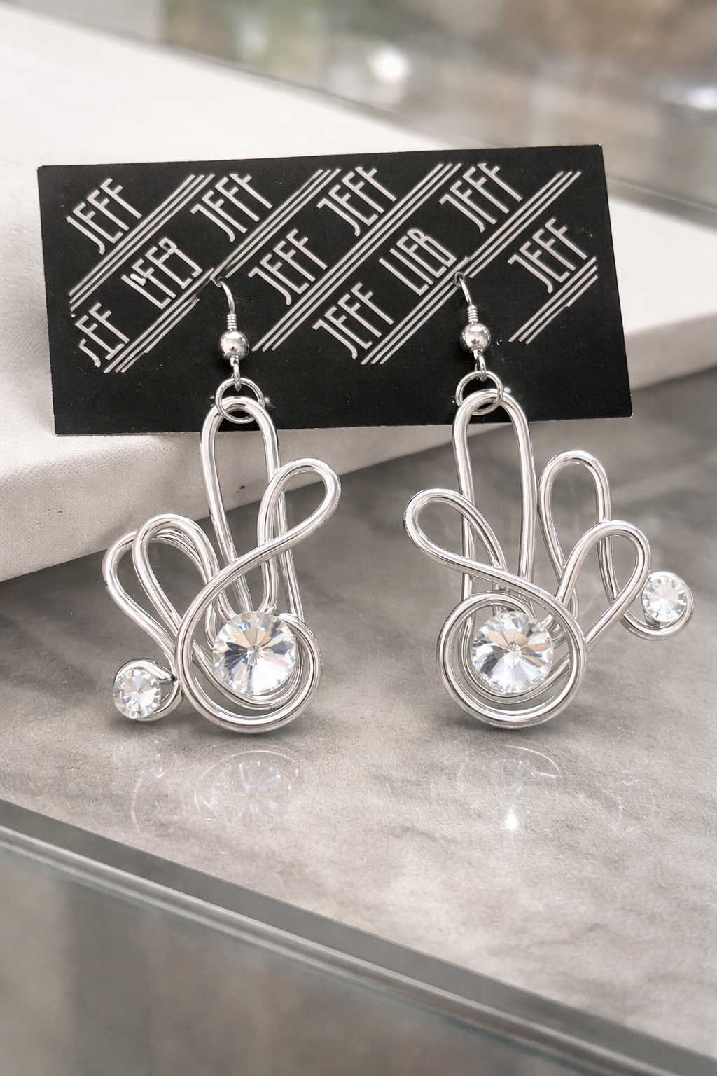 Jeff Lieb Elegant Silver Treble Clef Crystal Drop Earrings-5088