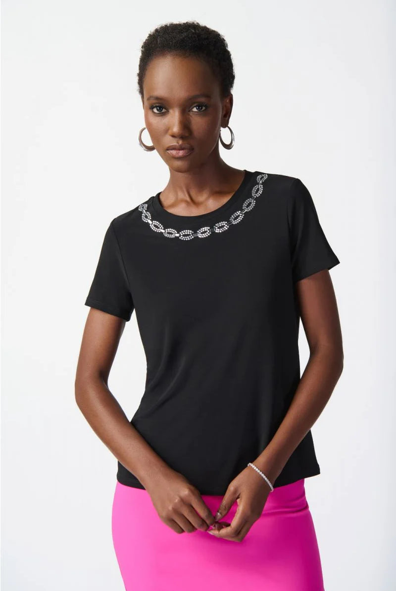 Joseph Ribkoff Black Top with Rhinestone Neckline | Unique Apparel USA