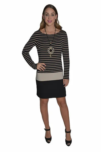 Frank Lyman Black & Beige Long Sleeve Dress- FL-43417