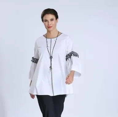 IC Collection Gingham Trim Ruffled Sleeve Cotton Top-IC-1410T
