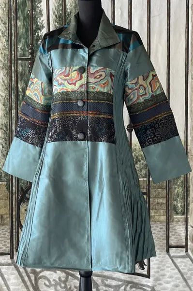 Oopera Mixed Media Pleated Artistic Coat-C2348-3-BLU
