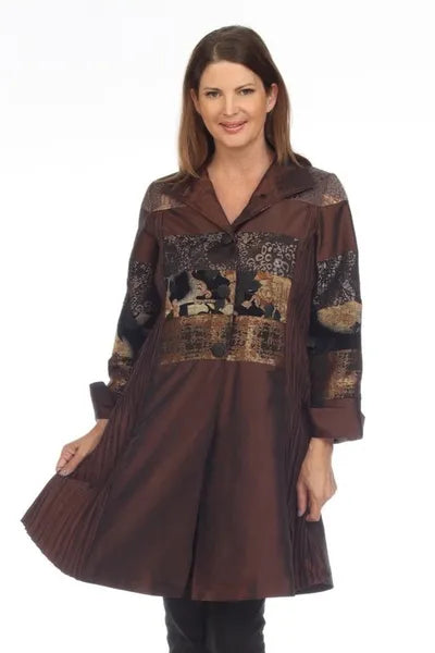 Oopera Mixed Media Pleated Artistic Coat-C2348-4-BRWN