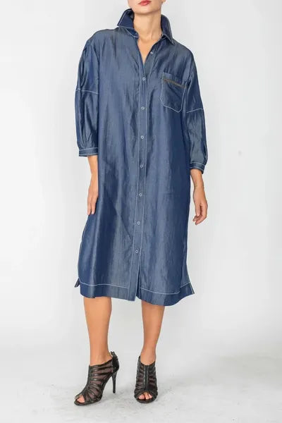 IC Collection Tencel Denim Button Down Shirt Dress-IC-6047D