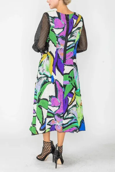 IC Collection Floral Print Mesh Sleeve Dress-IC-6143D