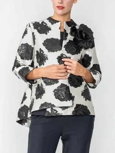 IC Collection Black Floral Jacket With Detachable Flower-IC-6128J