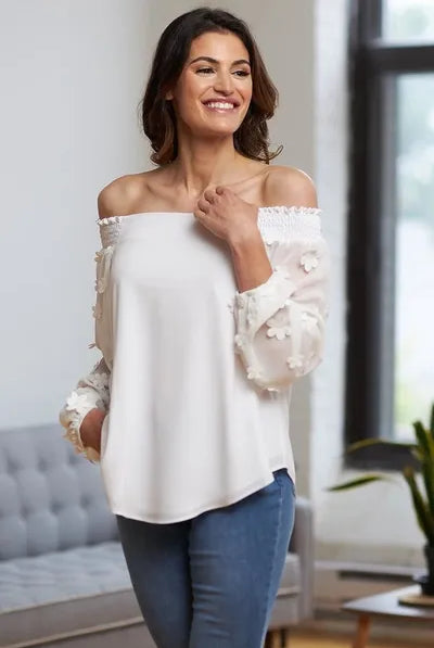 Joseph Ribkoff Blanc Fleur Off The Shoulder Tunic | Unique Apparel USA