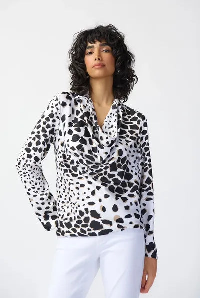 Joseph Ribkoff Animal Print Satin Top with Cowl Neckline | Unique Apparel USA