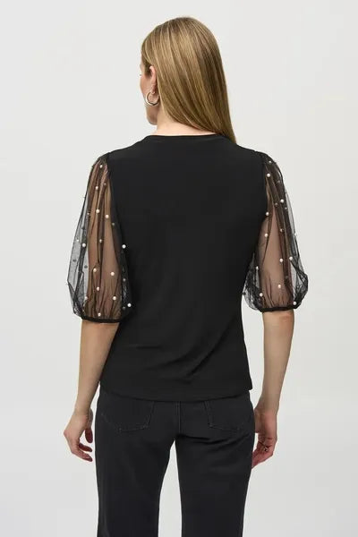 Joseph Ribkoff Silky Knit Top With Embellished Mesh Sleeves-JR-244189