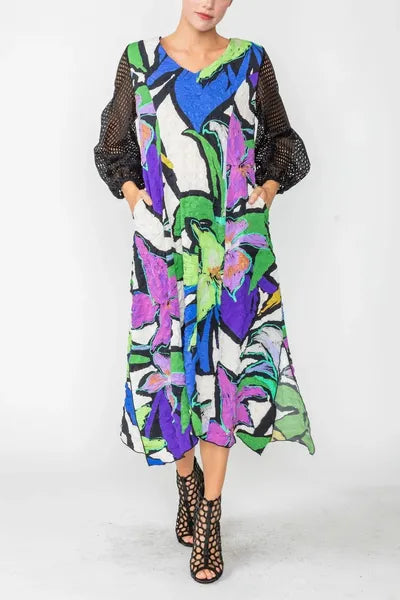 IC Collection Floral Print Mesh Sleeve Dress-IC-6143D