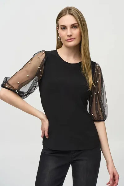 Joseph Ribkoff Silky Knit Top With Embellished Mesh Sleeves | Unique Apparel USA