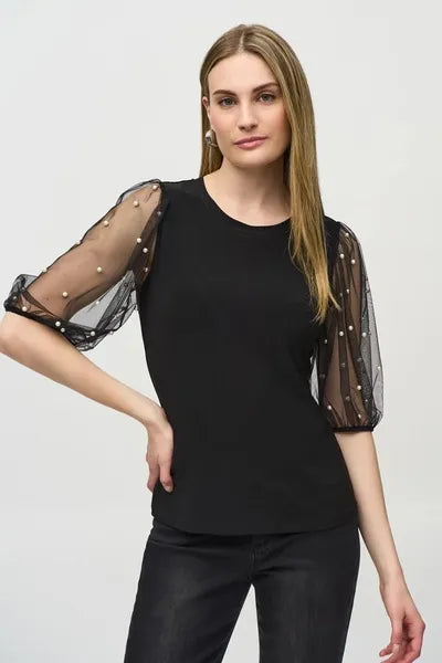 Joseph Ribkoff Silky Knit Top With Embellished Mesh Sleeves-JR-244189