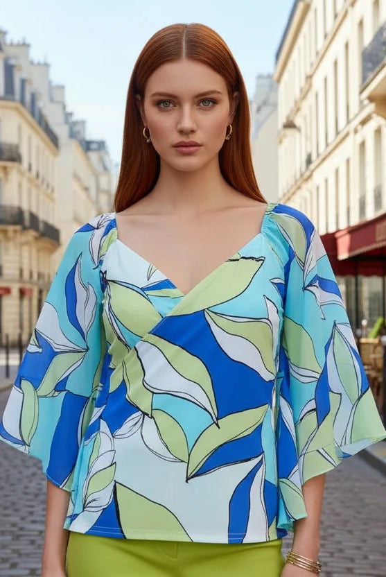 Joseph Ribkoff Vanilla/Multi Leaf Print Chiffon Butterfly Top | Unique Apparel USA