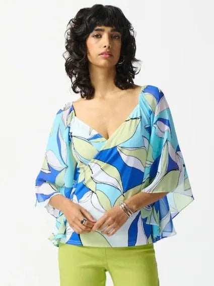 Joseph Ribkoff Vanilla/Multi Leaf Print Chiffon Butterfly Top-JR-242065