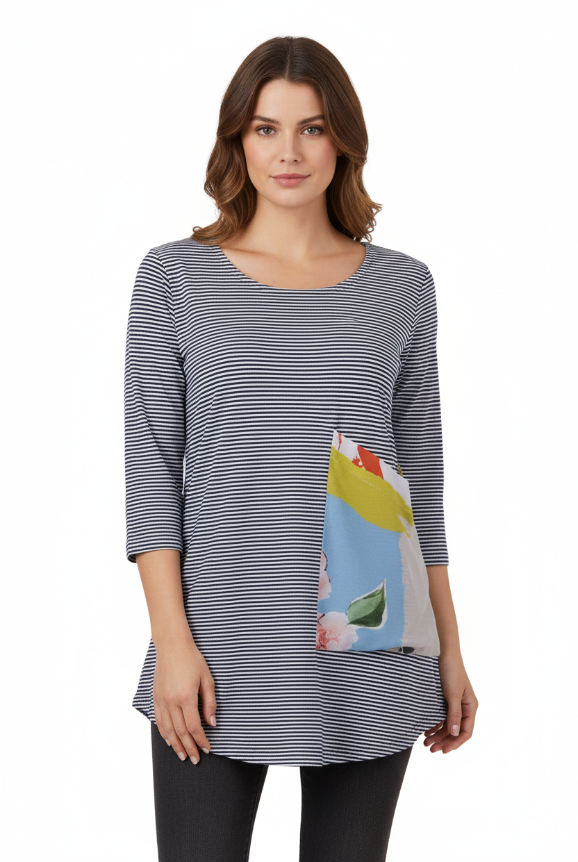 Alembika Striped Top With Printed Pocket-ST208, view 2