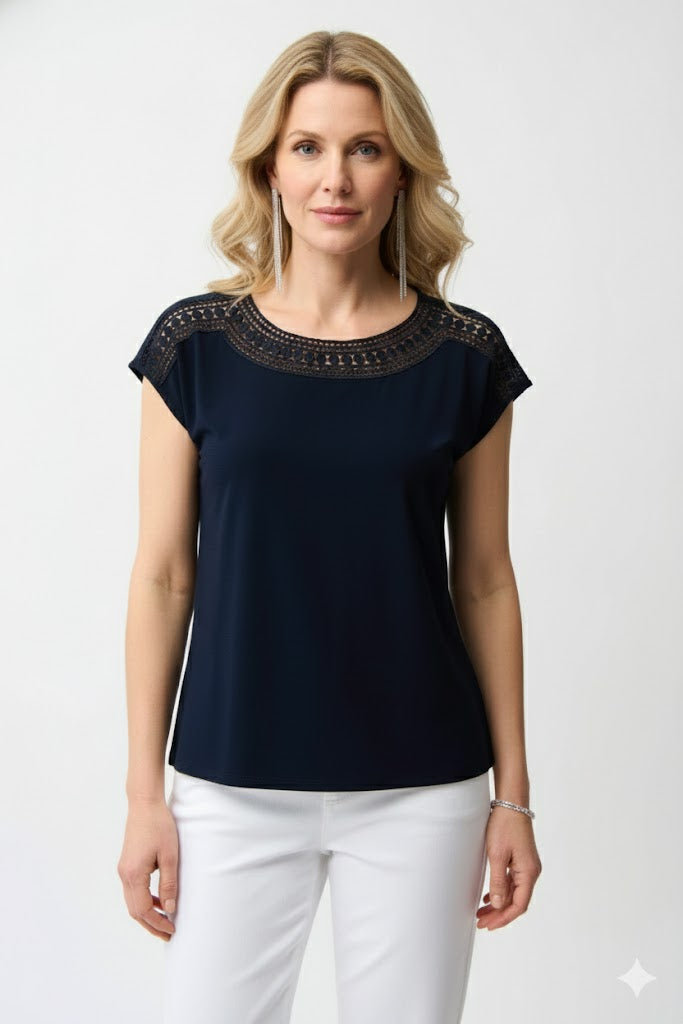 Joseph Ribkoff Silky Knit Straight Top with Guipure Lace Neckline - Style 261200