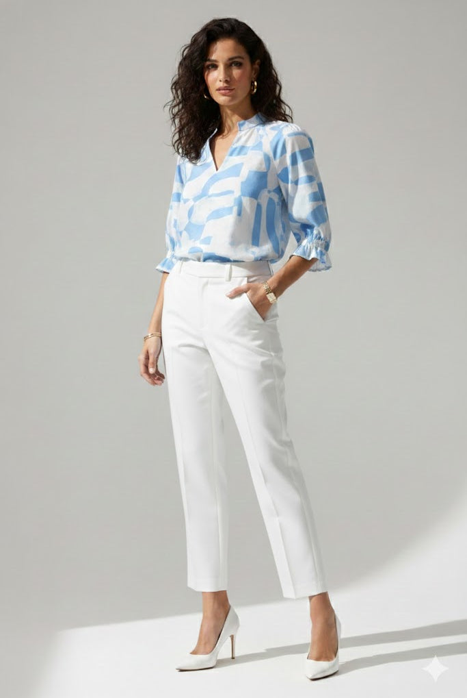 Joseph Ribkoff Stretch Cotton Geometric Print Straight Top With Puff Sleeves | Unique Apparel USA