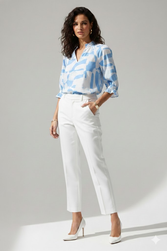 Joseph Ribkoff Stretch Cotton Geometric Print Straight Top With Puff Sleeves | Unique Apparel USA
