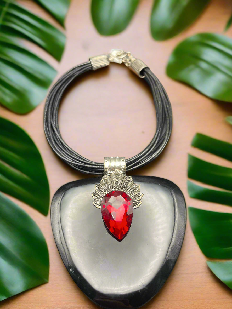 Black Lucite Ruby Red Necklace-NKL1002