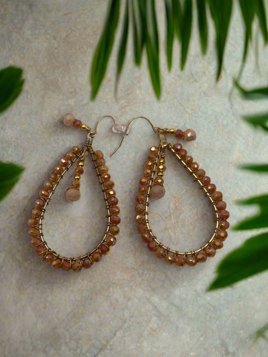 Teardrop Hoop Earrings with Amber Beads-9845